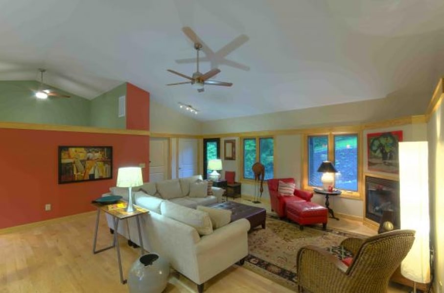 slanted cathedral ceiling in living room in a custom-designed house