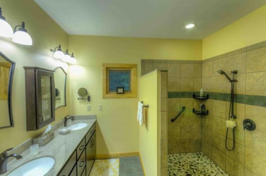 master bathroom with exciting open shower design, dual sinks