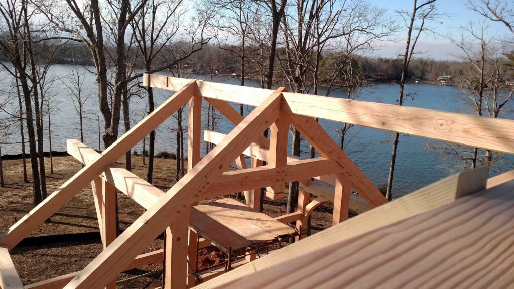 Timber frame home being built