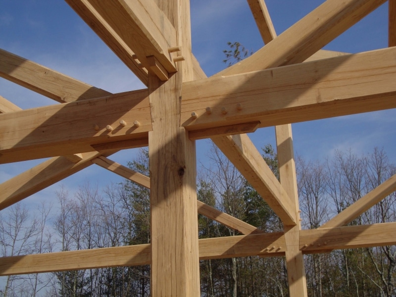 image of a spline connection with wood peg trunnels for a timber frame bent built near Smith Mountain Lake by Timber Ridge Craftsmen Inc